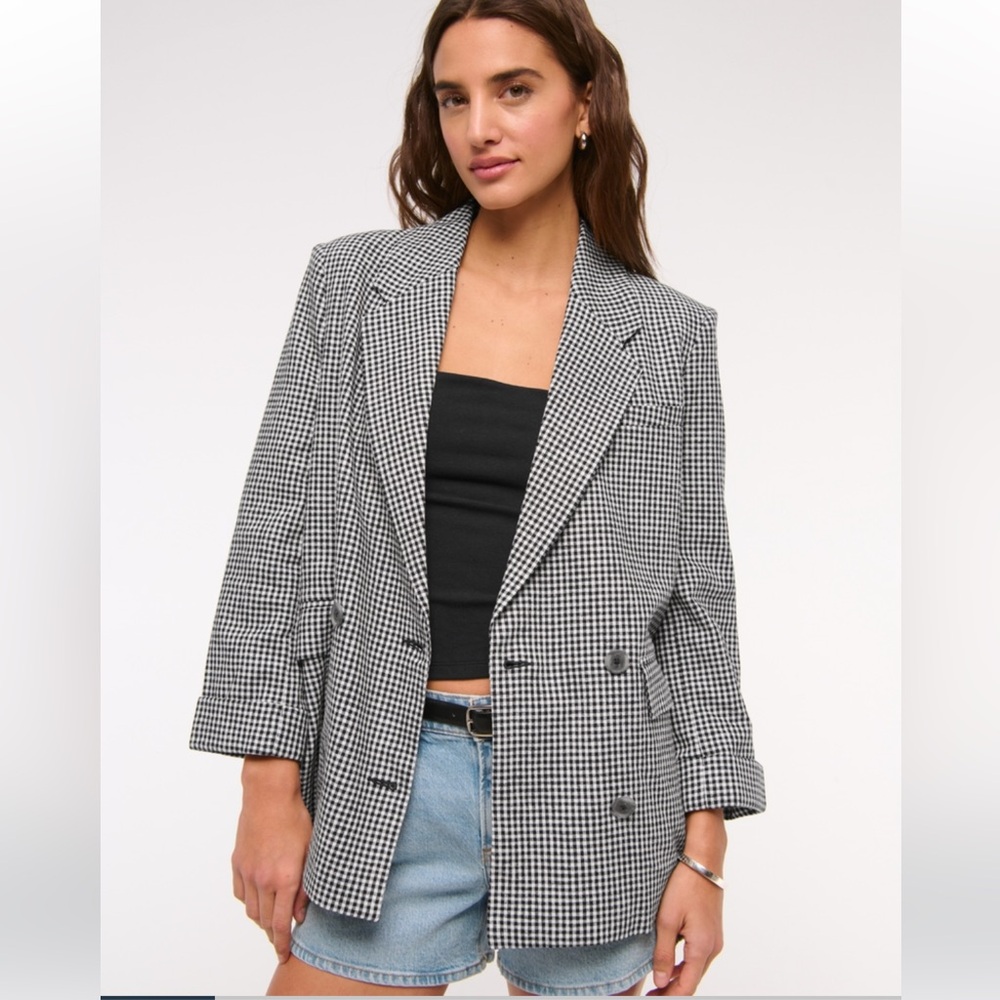 A&F Abercrombie & Fitch Double-Breasted Linen Slouchy Blazer Black Gingham NWT S